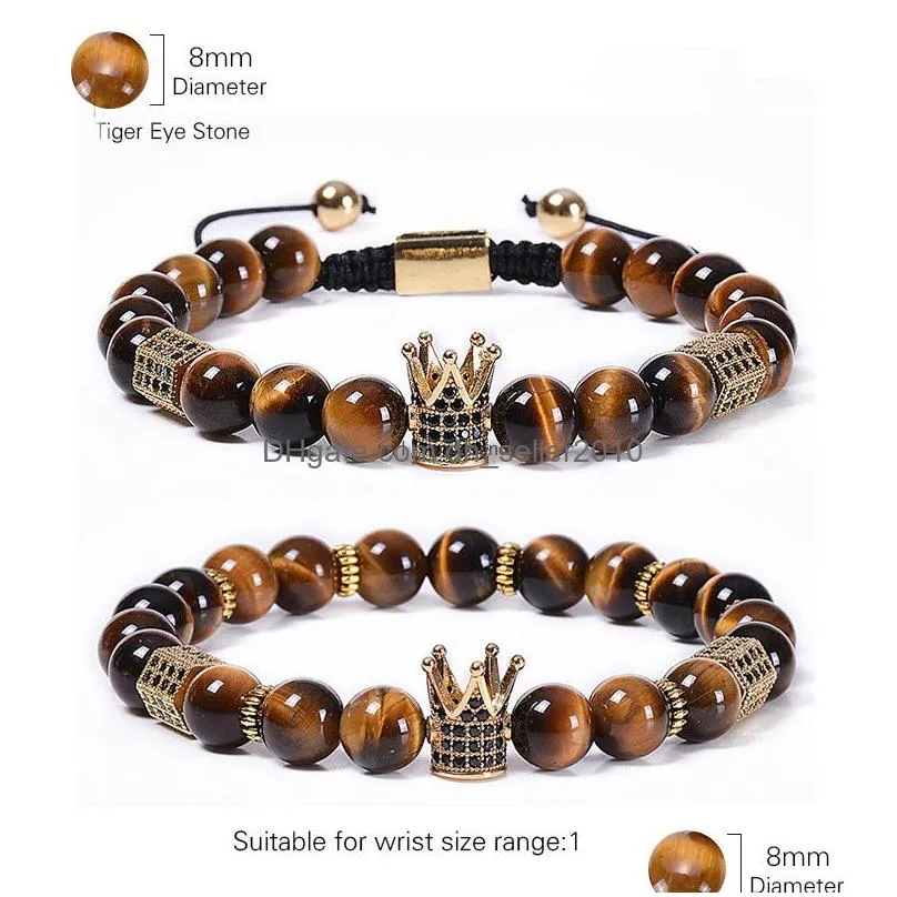 tiger eye crown bracelet natural stone copper microinlaid zircon diamond braided bead bracelets women men fashion jewelry will and