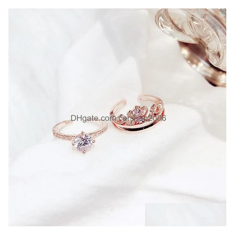 2in1 detachable zircon crown ring set open adjustable combination stacking rings band women engagement wedding gift fashion jewelry