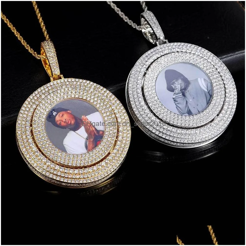 customize memorial photo pendant necklace rotatable with bling diamond stone zircon men women lover christmas gift