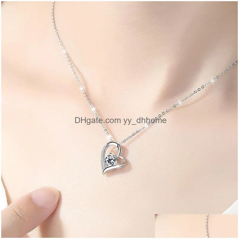 lover heart shape pendant necklace s925 silver plated crystal diamonds classic women girls lady wedding jewelry