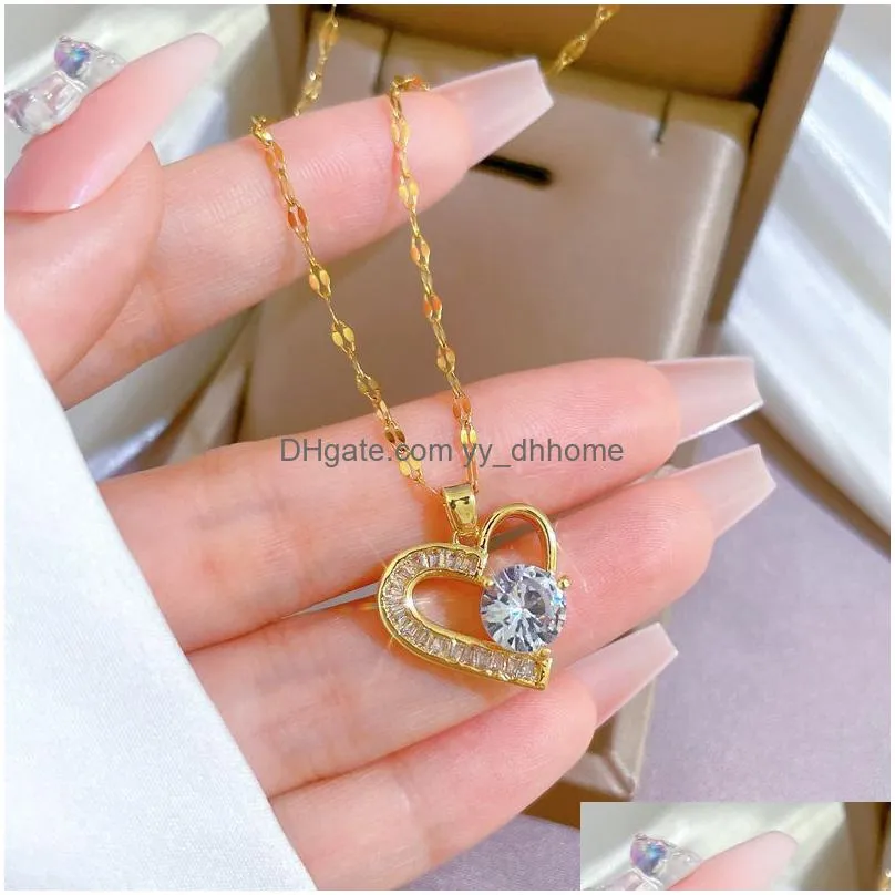 bling stainless steel heart shape pendant necklace 18k real gold plated classic jewelry