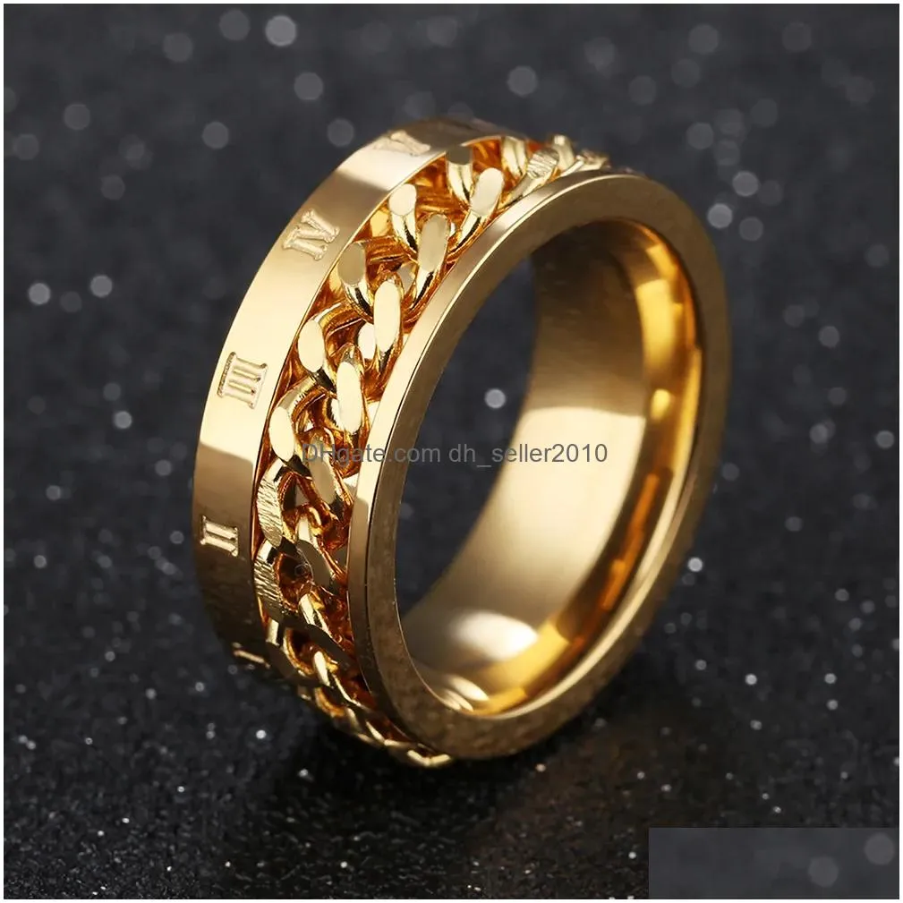 hip hop personality rotating rings stainless steel 18k real gold plated smooth cuban chain finger circel jewelry personality