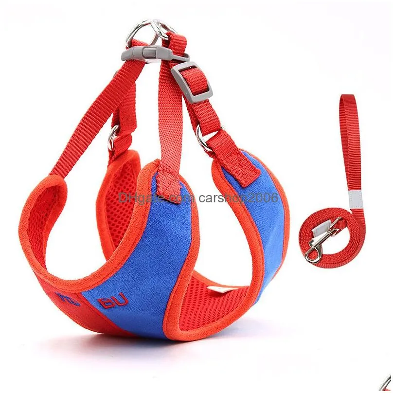 suede fabric contrast color waistcoat harnesses leashes set soft adjustable leash collar for pet dog cats supplies will and sandy red