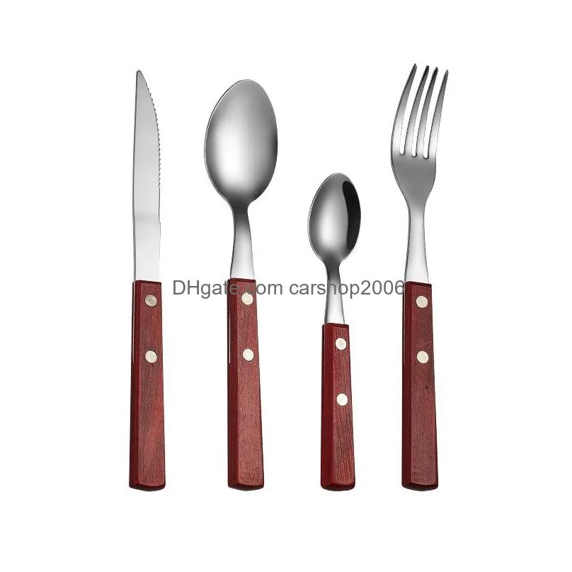 wood handle spoon fork knife cutlery set stainless steel home kitchen dining flatware ice cream dessert steak forks spoons tableware