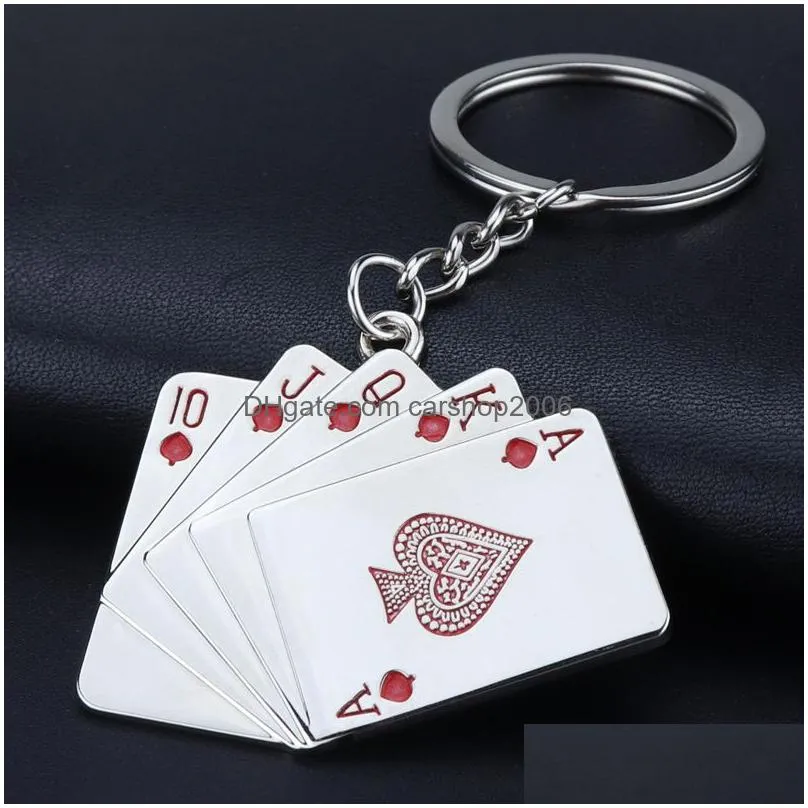 metal royal flush poker playing card key ring red black keychain bag hanging fashion jewelry will and sandy