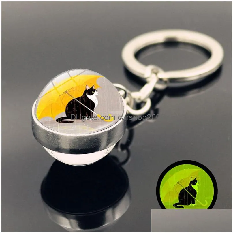 cartoon cat glass ball keychain glow in the dark keychain pendants key holders bag hangs fashion jewelry will and sandy