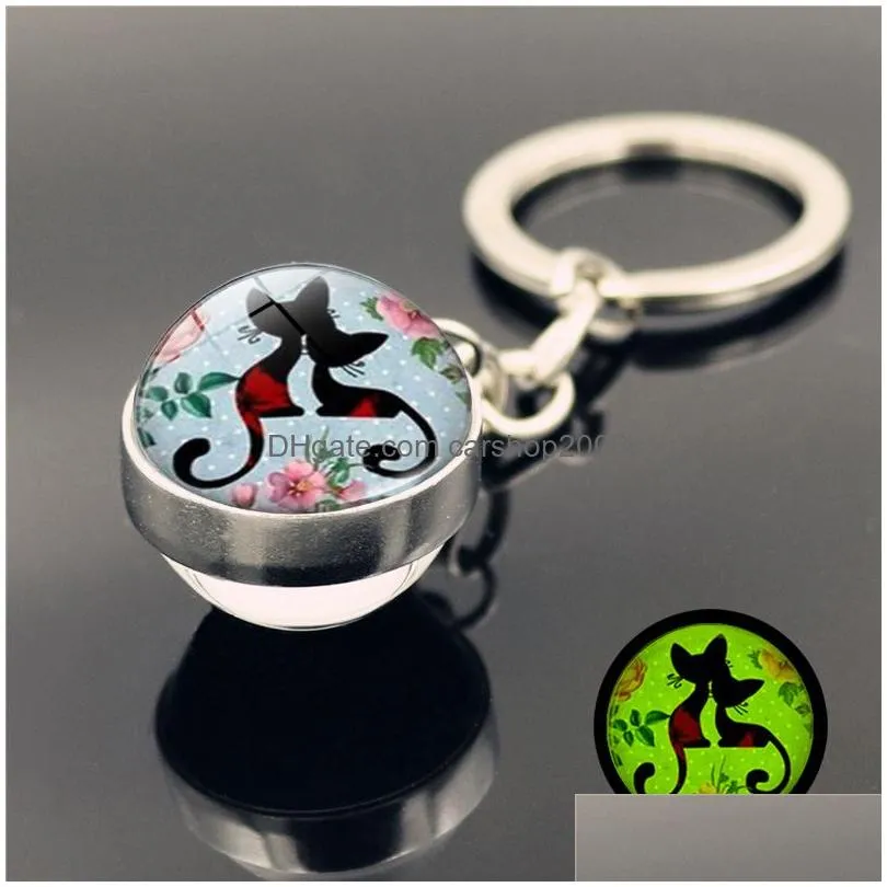 cartoon cat glass ball keychain glow in the dark keychain pendants key holders bag hangs fashion jewelry will and sandy