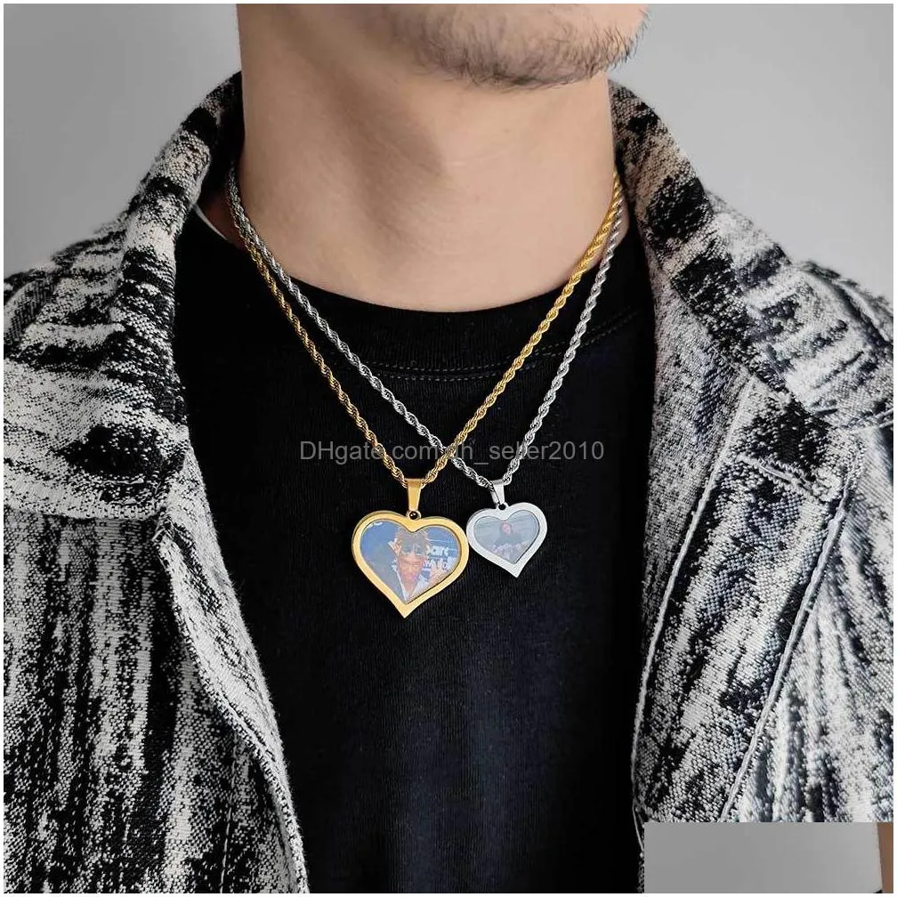 custom heart shape charm memorial photo pendant necklace stainless steel jewelry