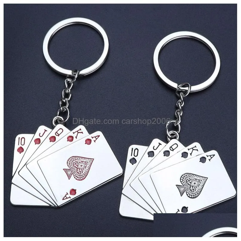 metal royal flush poker playing card key ring red black keychain bag hanging fashion jewelry will and sandy