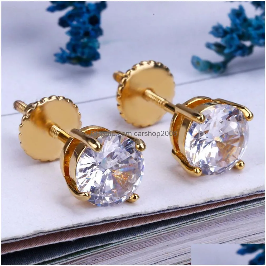 simulated diamond hip hop stud earrings 18k gold plated screwback with s925 silver needle for rock rap style jewelry