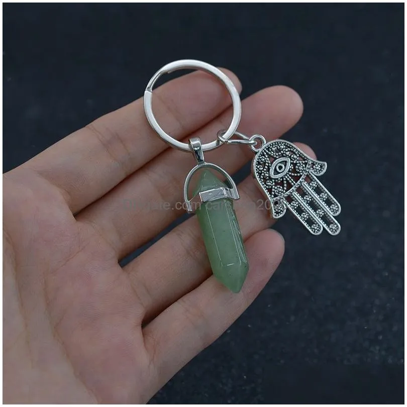 hexagonal crystal column natural stone keychain fatima palm charm amethyst rose quartz tiger eye lapis green aventurine key rings bag hangs