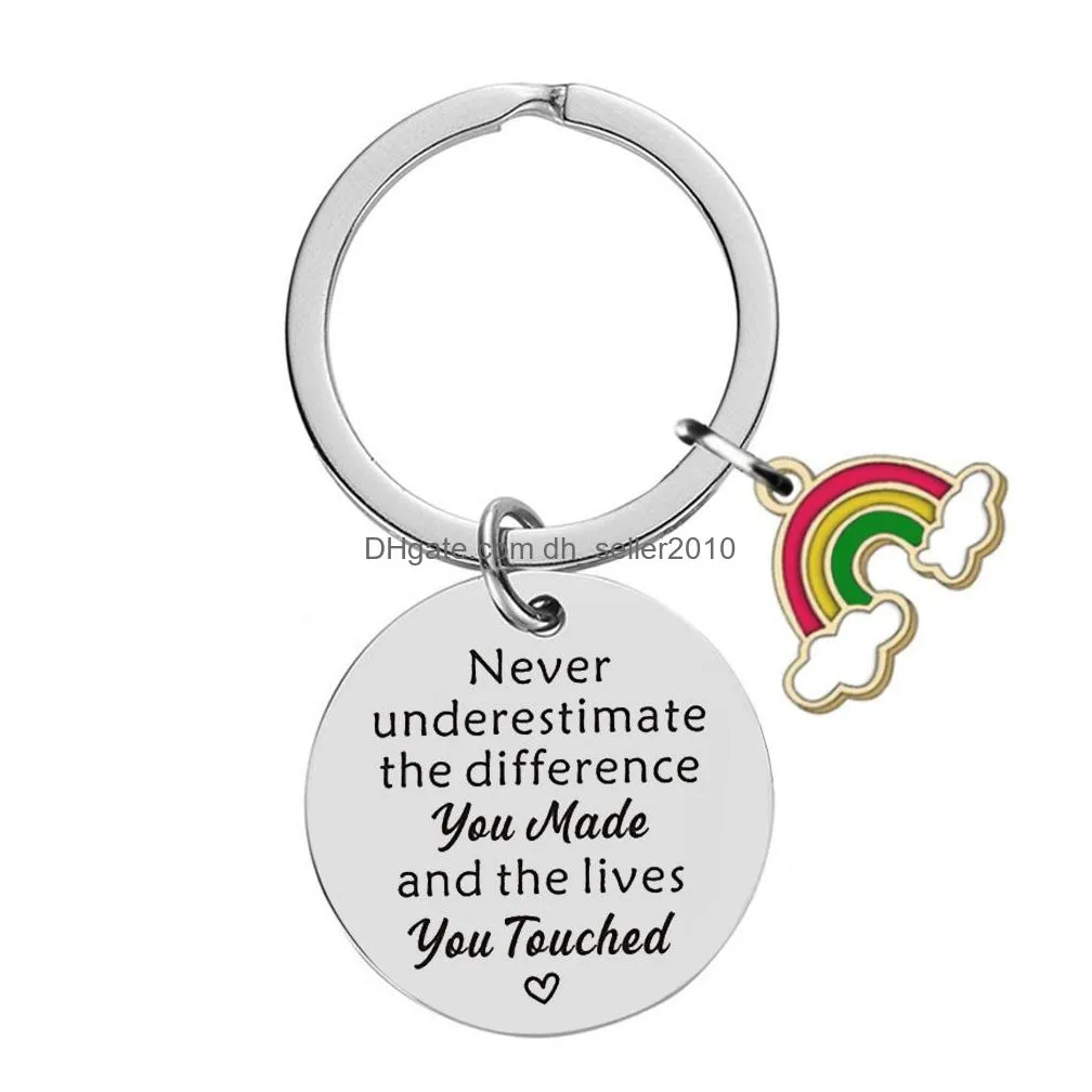 stainless steel key rings letter never underestimate enamel rainbow charm keychain pendant key holder bag hangs fashion jewelry