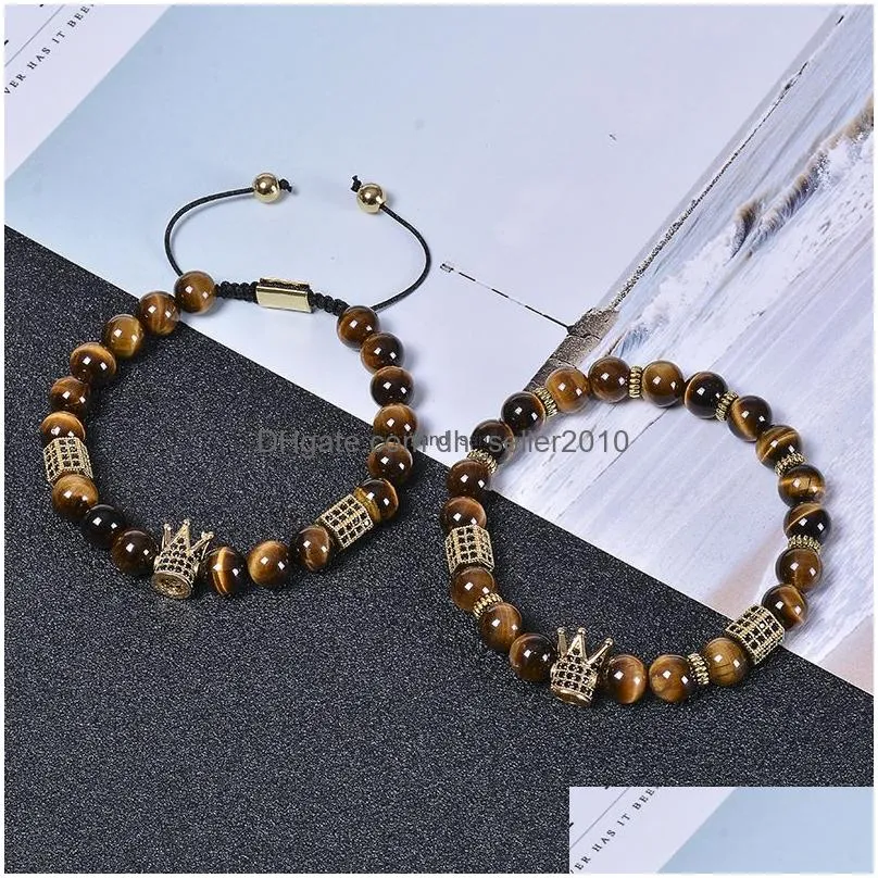 tiger eye crown bracelet natural stone copper microinlaid zircon diamond braided bead bracelets women men fashion jewelry will and