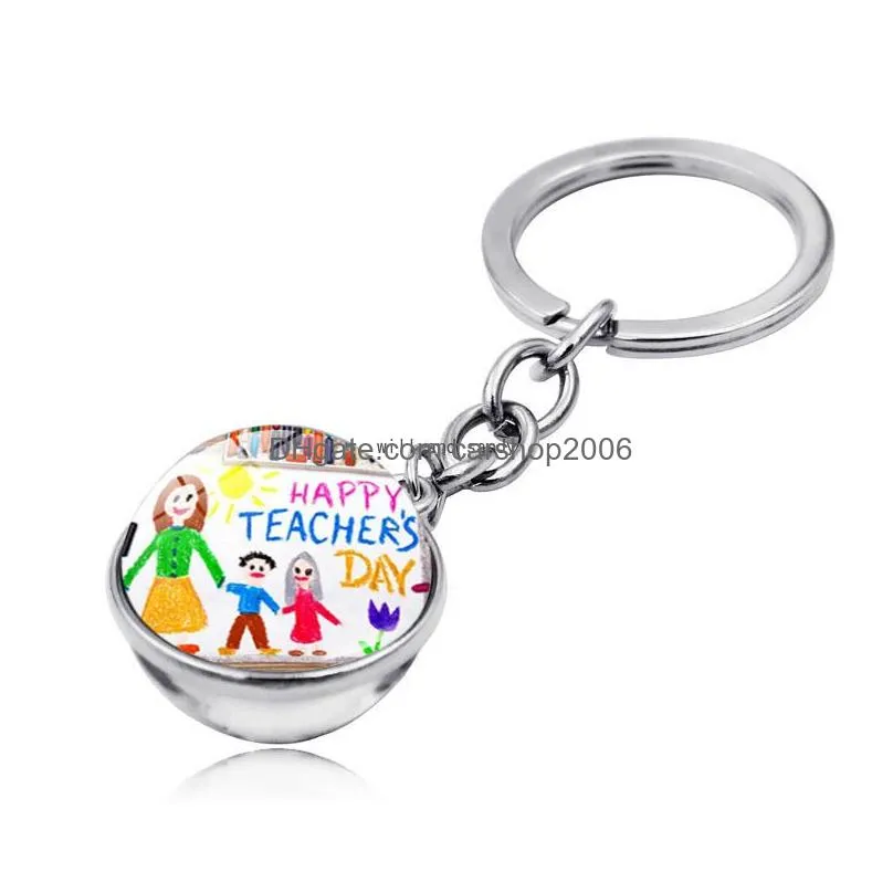 happy teatchers day glass cabochon keychain letter teacher letter ball doublesided time gem key ring handbag hangs fashion jewelry will and