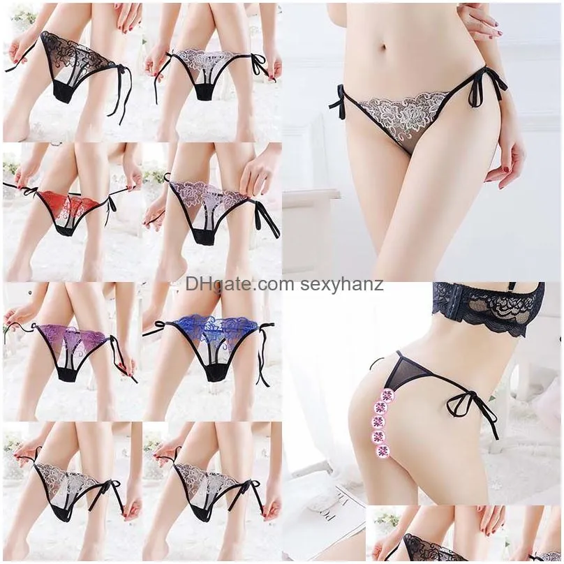 20type sexy lace women panties see through low waist open crotch underwear briefs bowknot pearl lingerie thong g string t back woman