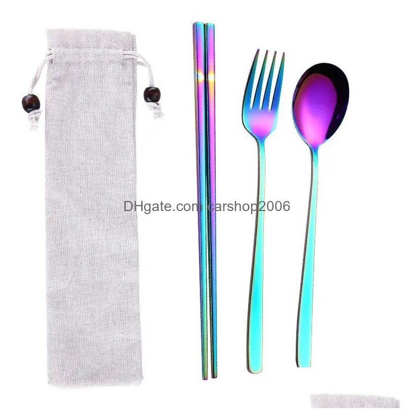 stainless steel spoon fork chopsticks flatware sets gold rainbow chinese food home bar kitchen dessert spoon steak forks