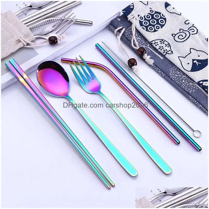 stainless steel spoon fork chopsticks flatware sets gold rainbow chinese food home bar kitchen dessert spoon steak forks