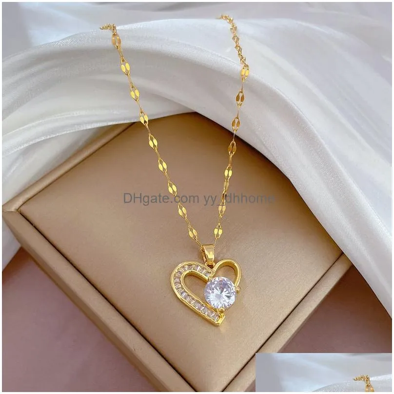 bling stainless steel heart shape pendant necklace 18k real gold plated classic jewelry