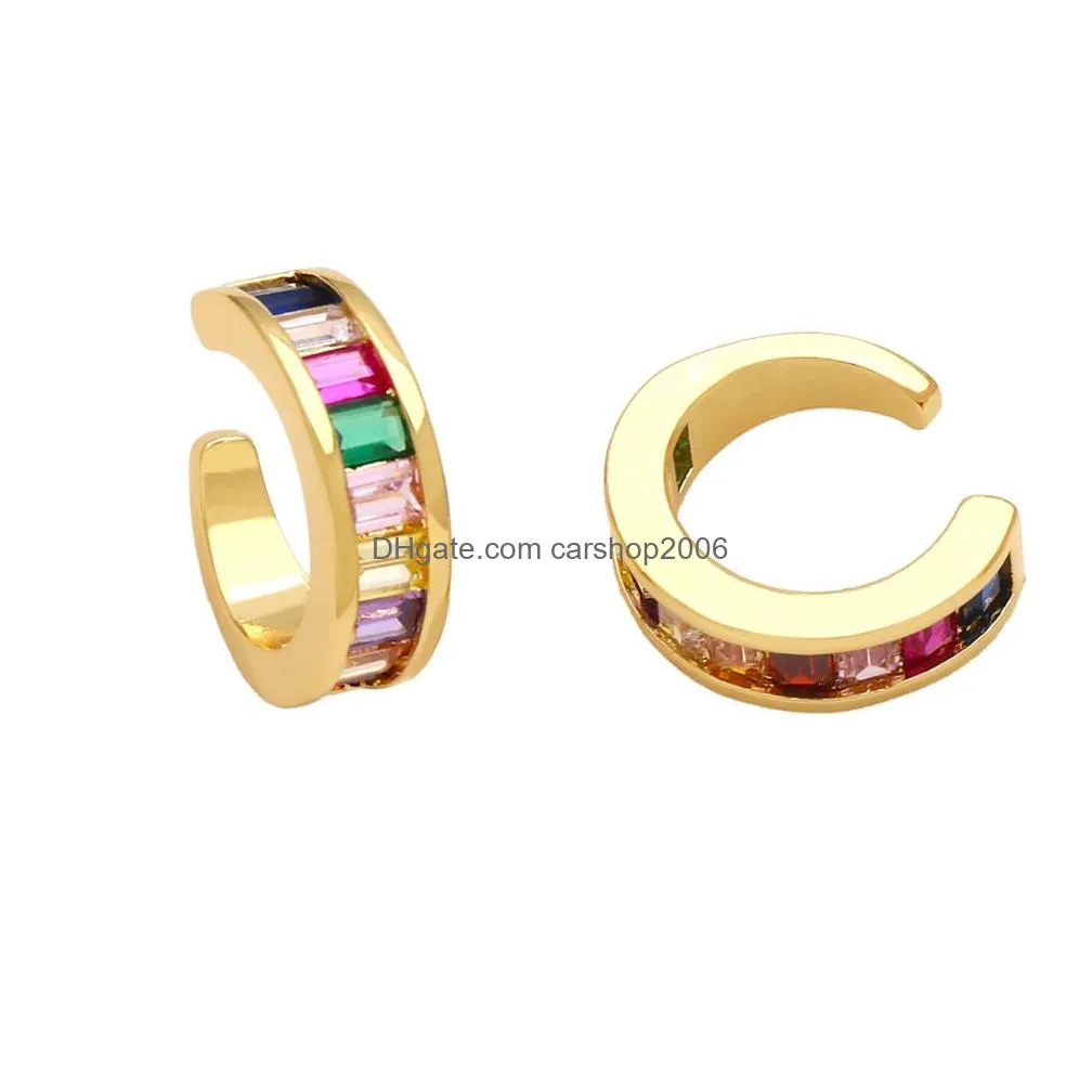 hip hop hoop earrings bling colorful zircon dangle earrings no piercing ear clips gold plated jewelry