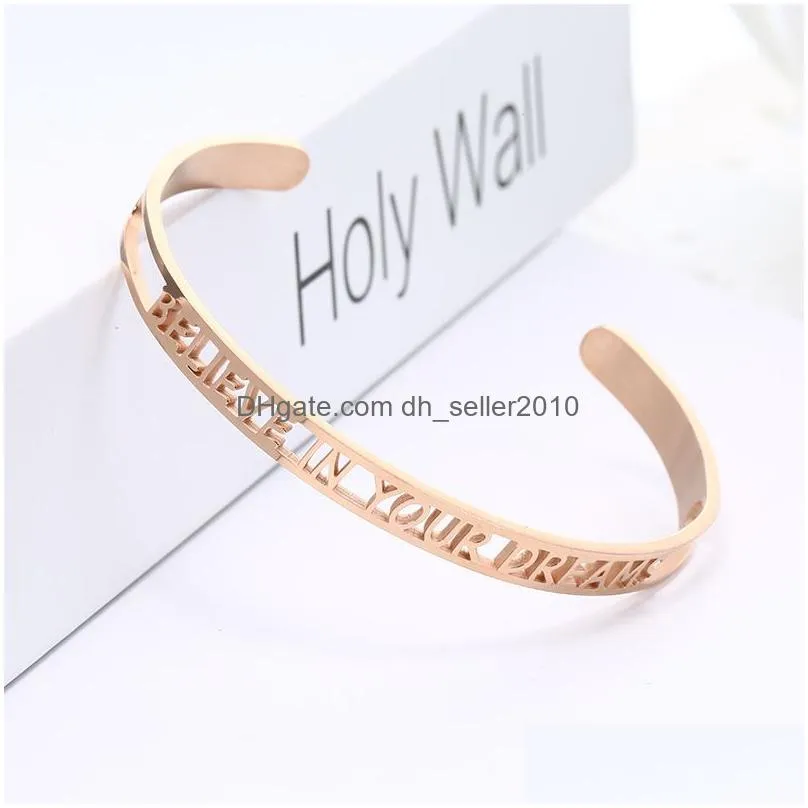 hollow stainless steel bangle bracelet letter believe dreams writaband cuff women fashion jewelry will and sandy