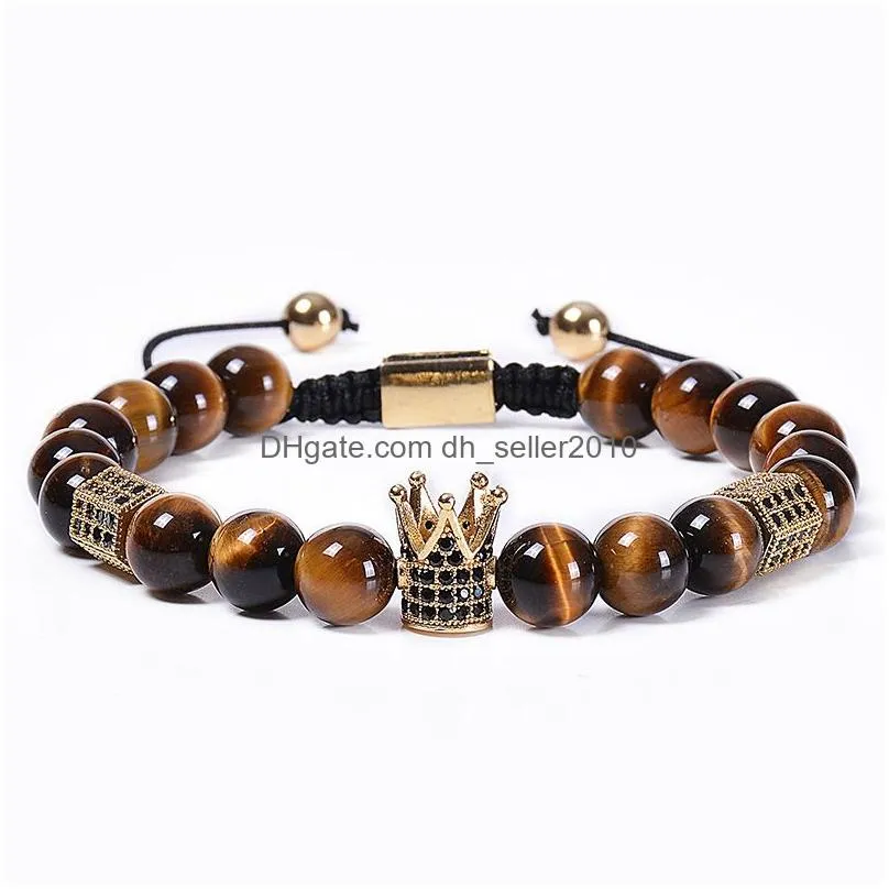 tiger eye crown bracelet natural stone copper microinlaid zircon diamond braided bead bracelets women men fashion jewelry will and