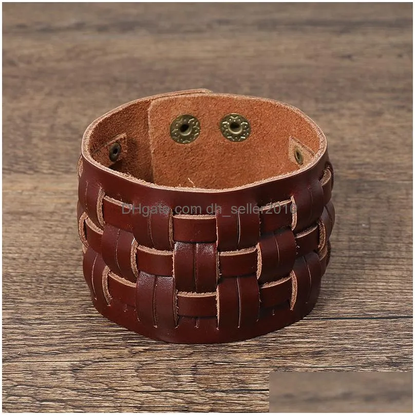 motorcycle wide weave cross leather bangle cuff multilayer wrap button adjustable bracelet wristand for men women fashion jewelry