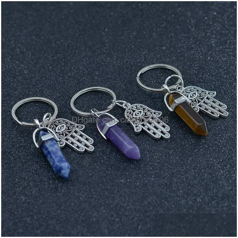 hexagonal crystal column natural stone keychain fatima palm charm amethyst rose quartz tiger eye lapis green aventurine key rings bag hangs