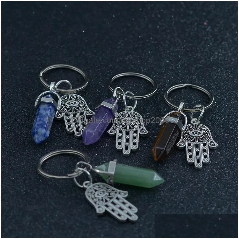 hexagonal crystal column natural stone keychain fatima palm charm amethyst rose quartz tiger eye lapis green aventurine key rings bag hangs