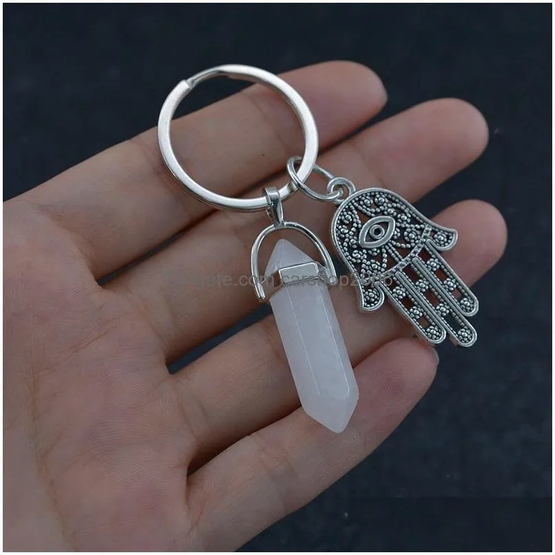 hexagonal crystal column natural stone keychain fatima palm charm amethyst rose quartz tiger eye lapis green aventurine key rings bag hangs