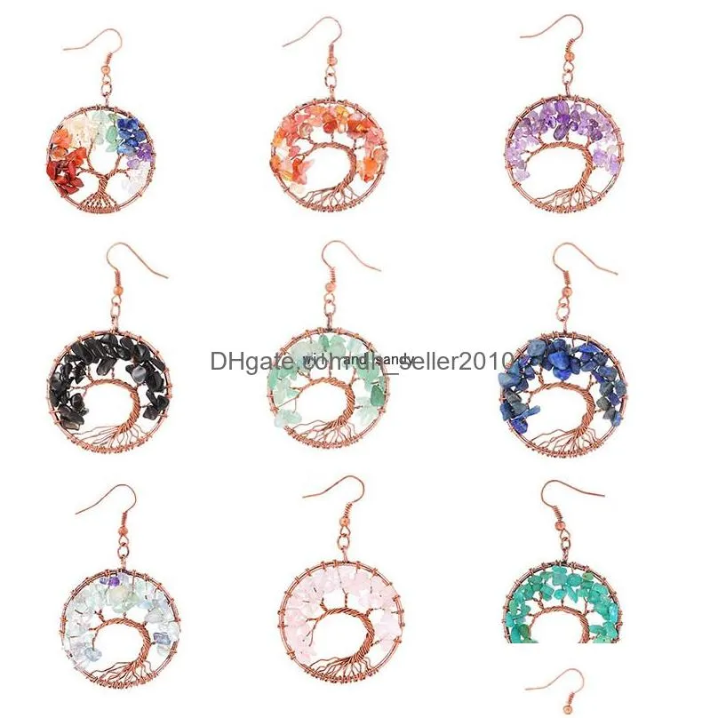 healing tree of life pendant earrings natural stone crystal fluorite rose quartz healing dangle chandelier ear rings for women christmas will and