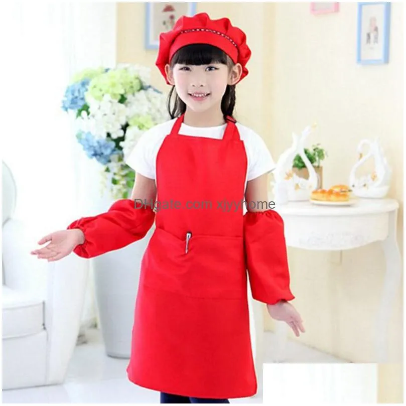 8piece childrens apron and 8piece chef hat set childrens apron with 2 pockets adjustable kitchen cooking1