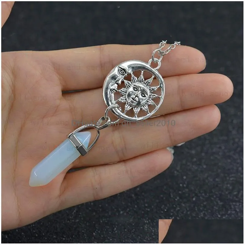 natural stone bullet shape healing point pendant necklaces heart sun charm crystal stone quartz hexagonal column necklaces for women fashion