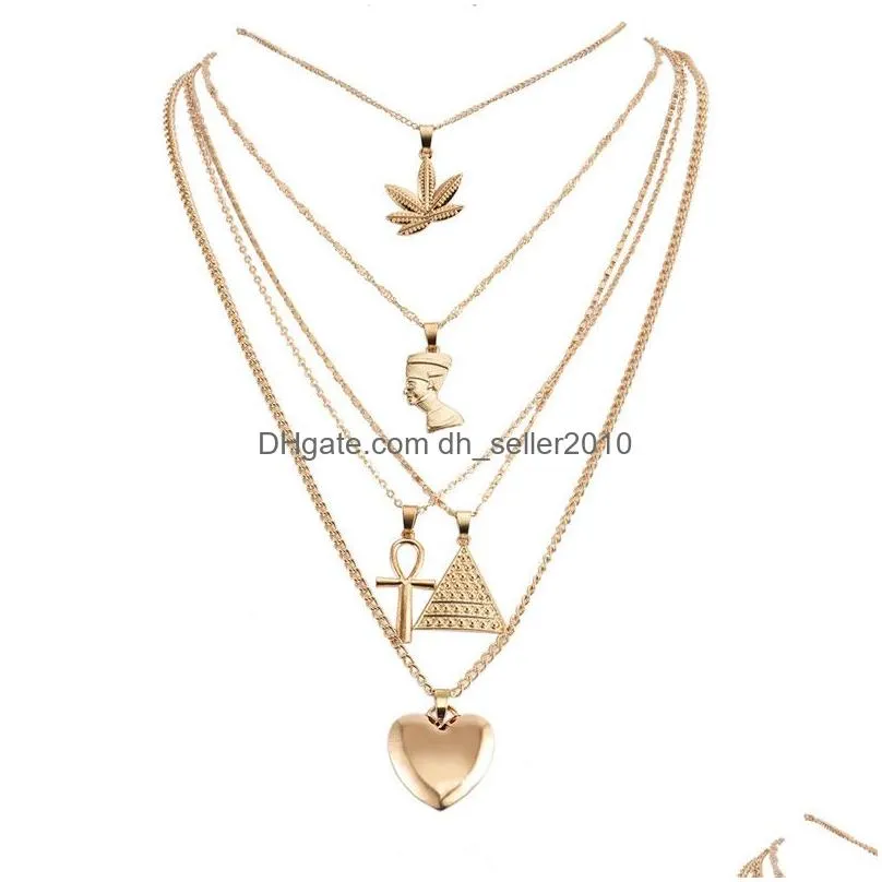 gold multilayer necklace maple leaf pharaoh pyramid heart necklace wrap necklaces pendant stackings women fashion jewelry