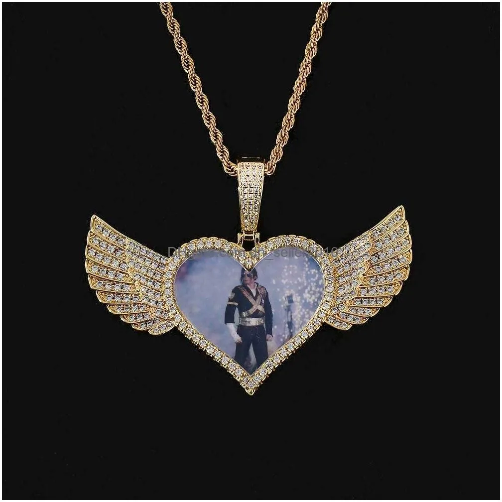 hip hop photo pendant necklace customizable heart wing medal for memorial fashion