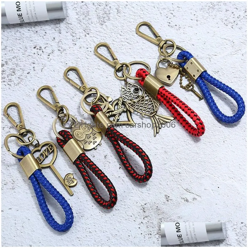 weave key ring retro bronze heart whistle owl fish charm keychain handbag hangs fashion jewelry will and sandy