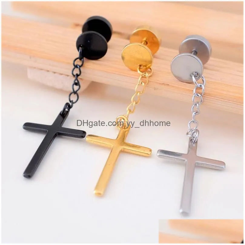 mens stainless steel charm cross dangle earrings hip hop punk style with barbell studs