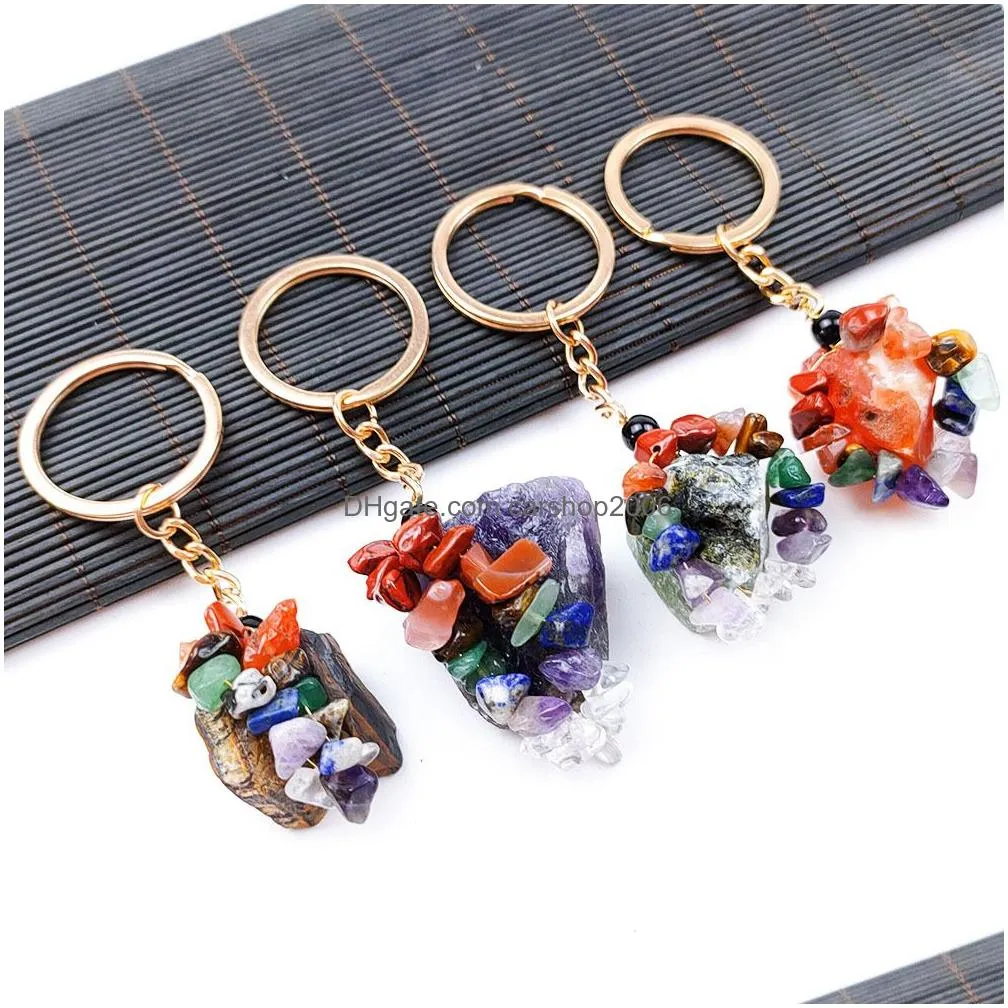 folk crafts gemstone natural stone key ring quartz rough raw amethyst tiger eye crystal keychain agate ore meditation pendant hangbag hangs fashion