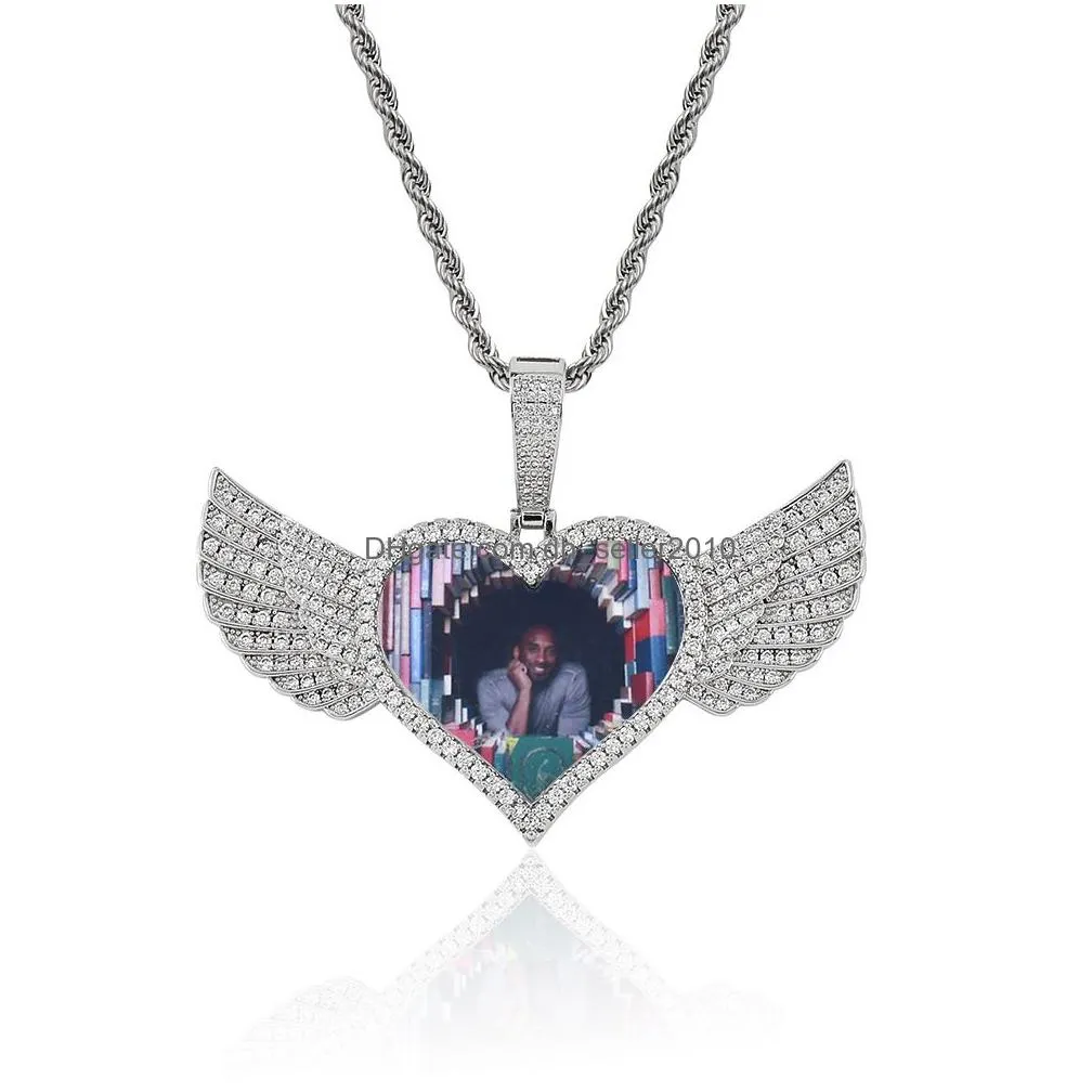 hip hop photo pendant necklace customizable heart wing medal for memorial fashion