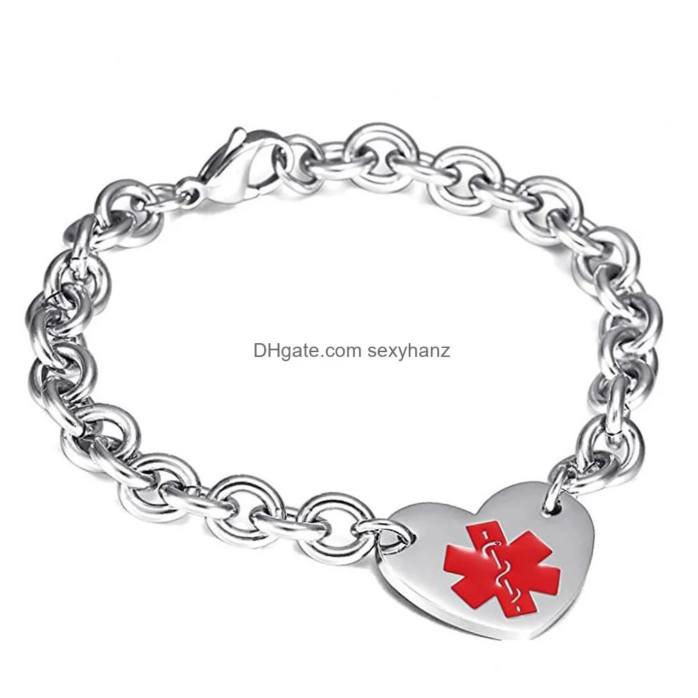 medical sign id chain bracelets charm heart shape bracelets titanium stainless steel jewelry men women bangle