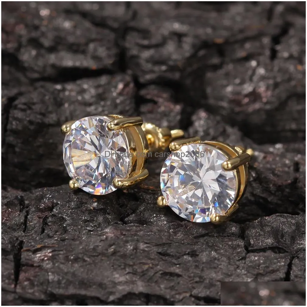simulated diamond hip hop stud earrings 18k gold plated screwback with s925 silver needle for rock rap style jewelry