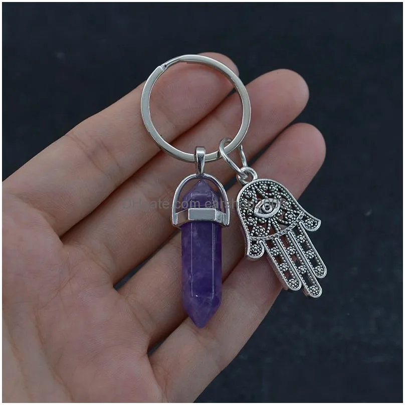 hexagonal crystal column natural stone keychain fatima palm charm amethyst rose quartz tiger eye lapis green aventurine key rings bag hangs