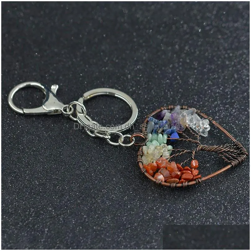 tree of life 7 chakra key rings crystal semiprecious natural stone heart keychain holders healing hangs for women men fashion jewelry