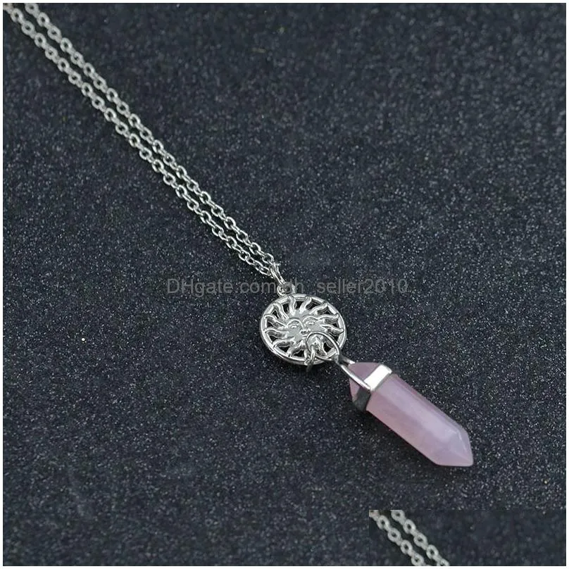 natural stone bullet shape healing point pendant necklaces heart sun charm crystal stone quartz hexagonal column necklaces for women fashion