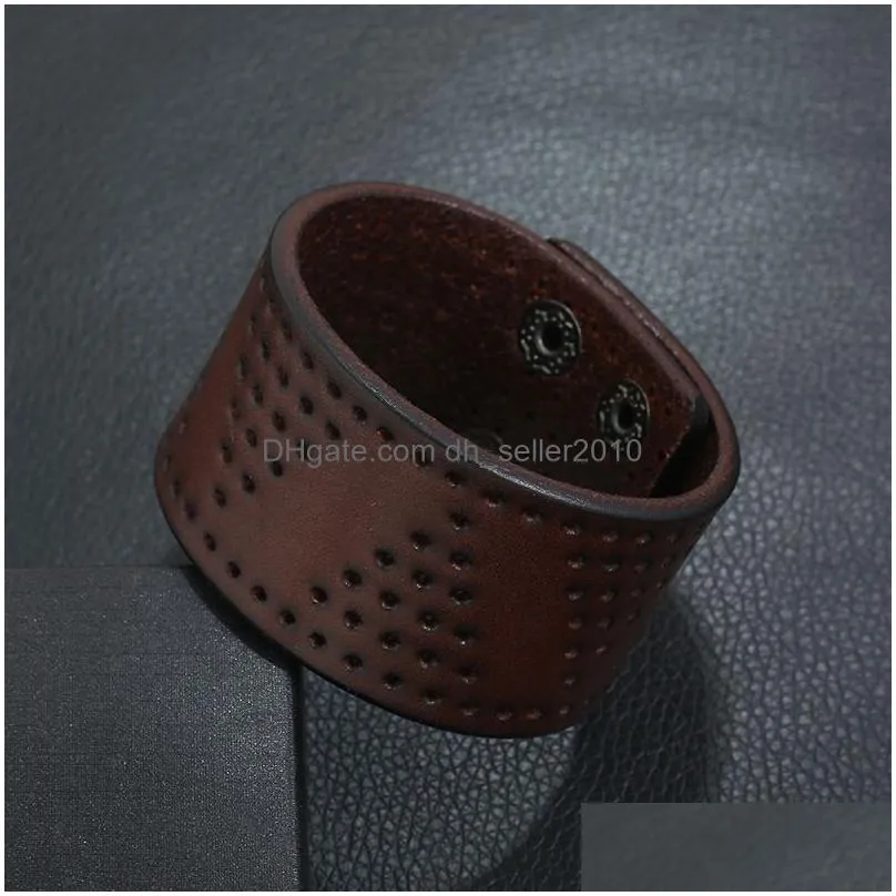 retro triangle hollow hole leather bangle cuff button adjustable bracelet wristand for men women fashion jewelry