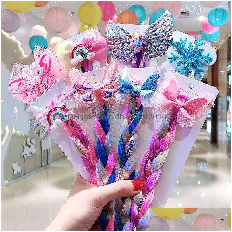 colorful cartoon rainbow snowflake butterfly bow knot hairpiece braid headband ponytail holder rubber bands clip rings kids children fashion hair