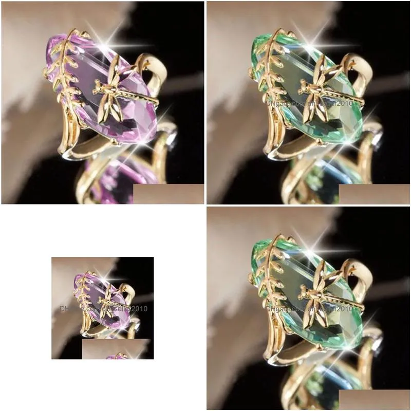 green pink crystal dragonfly rings women gold ring fashion jewelry gift will and sandy