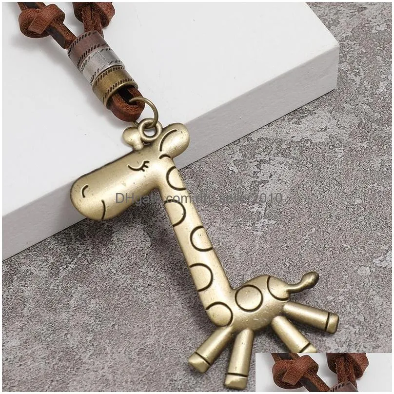 cartoon animal giraffe pendant necklace adjustable chain leather necklaces for women men hip hop fashion jewelry gift