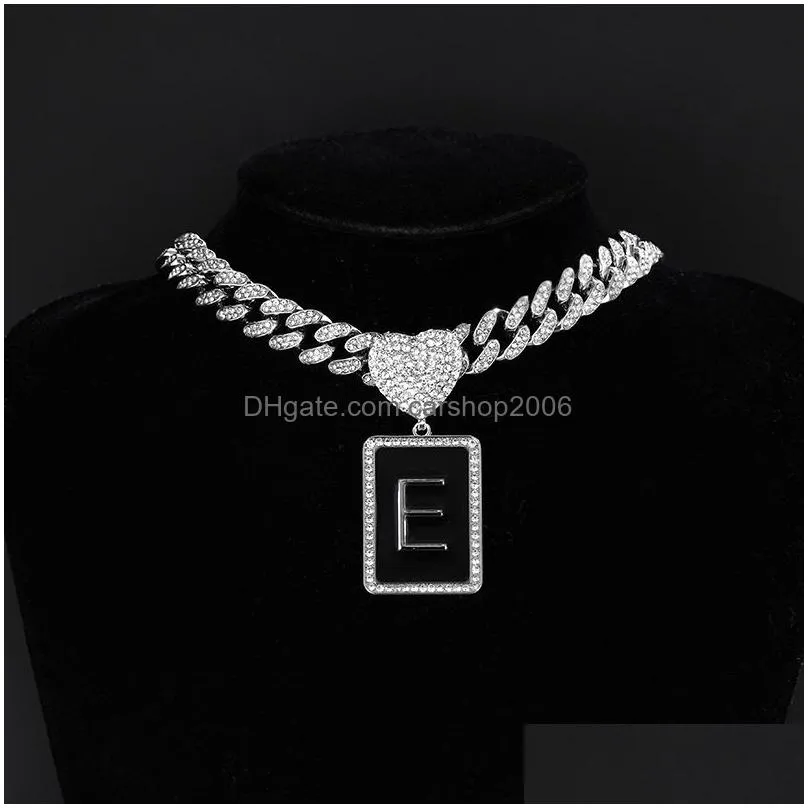 black drip 26 letters pendant bracelet necklace jewelry set bling full zircon hip hop heart shape clasp