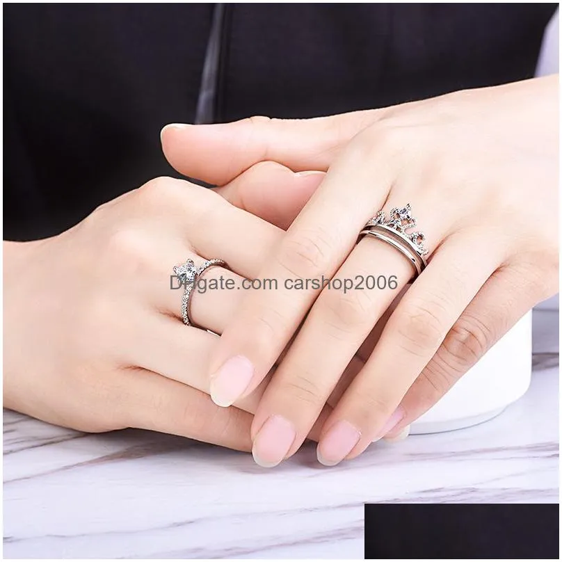 2in1 detachable zircon crown ring set open adjustable combination stacking rings band women engagement wedding gift fashion jewelry