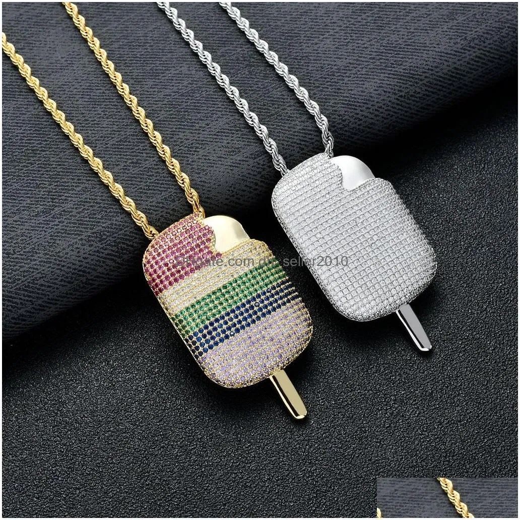 bling rainbow diamond cubic zircon ice cream necklace jewelry set 18k gold sunflower pendant necklaces hip hop jewelry stainless steel chain for women